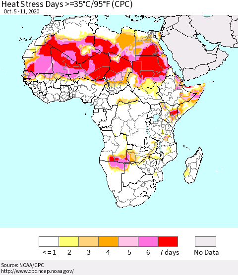 Africa Heat Stress Days >=35°C/95°F (CPC) Thematic Map For 10/5/2020 - 10/11/2020
