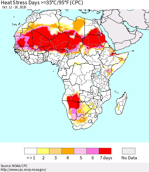 Africa Heat Stress Days >=35°C/95°F (CPC) Thematic Map For 10/12/2020 - 10/18/2020