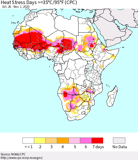 Africa Heat Stress Days >=35°C/95°F (CPC) Thematic Map For 10/26/2020 - 11/1/2020