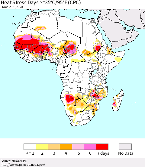 Africa Heat Stress Days >=35°C/95°F (CPC) Thematic Map For 11/2/2020 - 11/8/2020