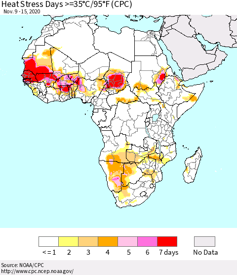 Africa Heat Stress Days >=35°C/95°F (CPC) Thematic Map For 11/9/2020 - 11/15/2020