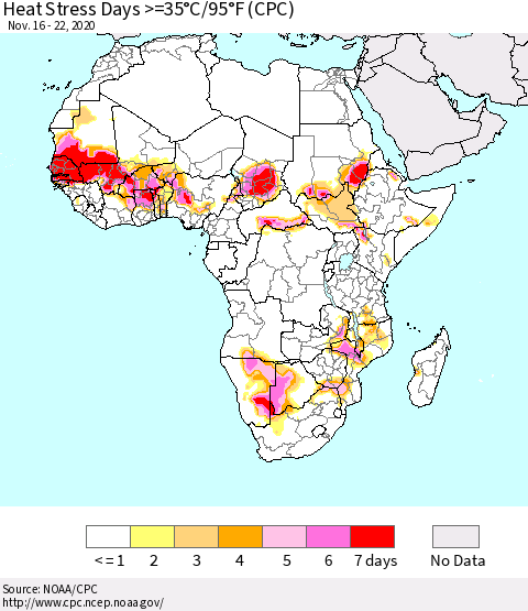 Africa Heat Stress Days >=35°C/95°F (CPC) Thematic Map For 11/16/2020 - 11/22/2020