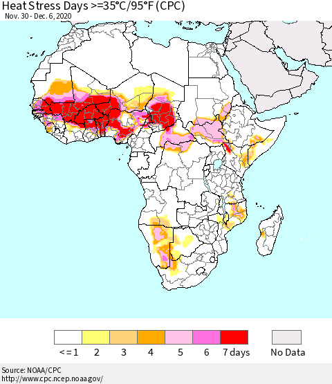 Africa Heat Stress Days >=35°C/95°F (CPC) Thematic Map For 11/30/2020 - 12/6/2020
