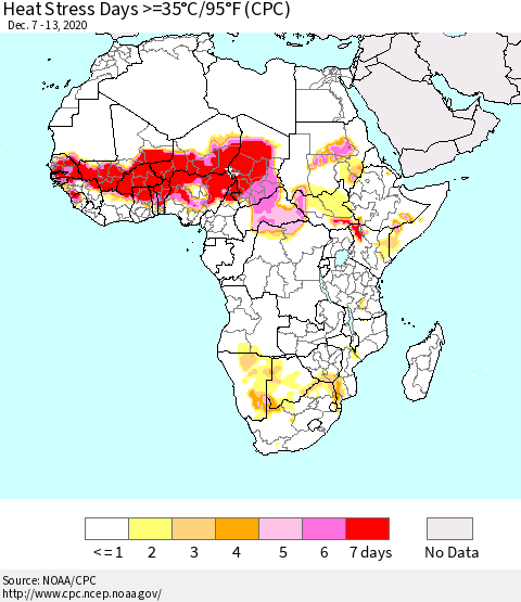 Africa Heat Stress Days >=35°C/95°F (CPC) Thematic Map For 12/7/2020 - 12/13/2020