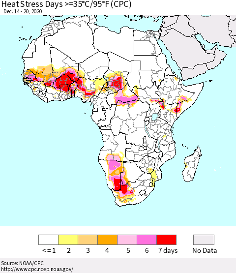 Africa Heat Stress Days >=35°C/95°F (CPC) Thematic Map For 12/14/2020 - 12/20/2020