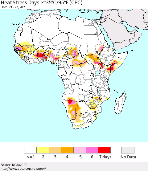 Africa Heat Stress Days >=35°C/95°F (CPC) Thematic Map For 12/21/2020 - 12/27/2020