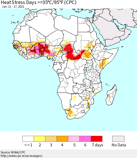 Africa Heat Stress Days >=35°C/95°F (CPC) Thematic Map For 1/11/2021 - 1/17/2021