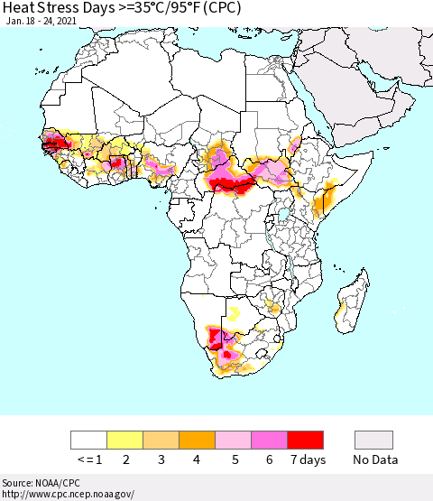 Africa Heat Stress Days >=35°C/95°F (CPC) Thematic Map For 1/18/2021 - 1/24/2021