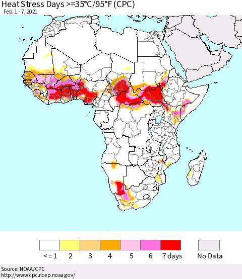 Africa Heat Stress Days >=35°C/95°F (CPC) Thematic Map For 2/1/2021 - 2/7/2021