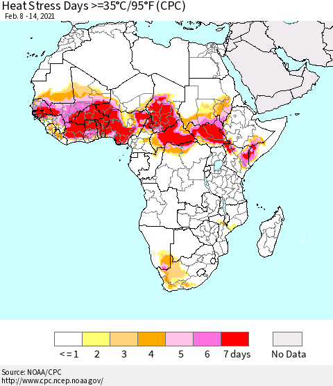 Africa Heat Stress Days >=35°C/95°F (CPC) Thematic Map For 2/8/2021 - 2/14/2021