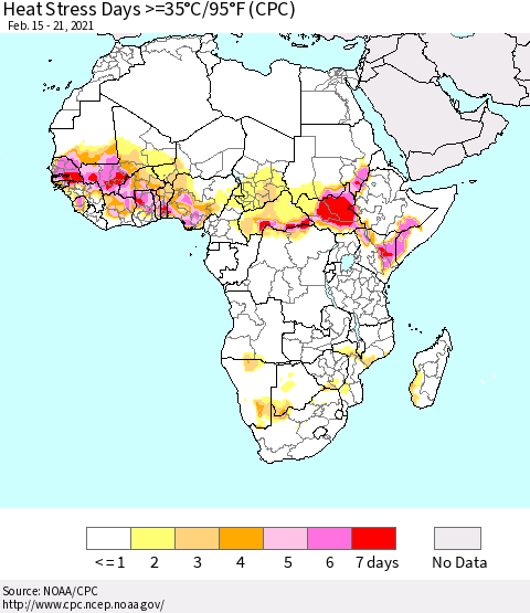 Africa Heat Stress Days >=35°C/95°F (CPC) Thematic Map For 2/15/2021 - 2/21/2021