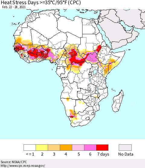Africa Heat Stress Days >=35°C/95°F (CPC) Thematic Map For 2/22/2021 - 2/28/2021