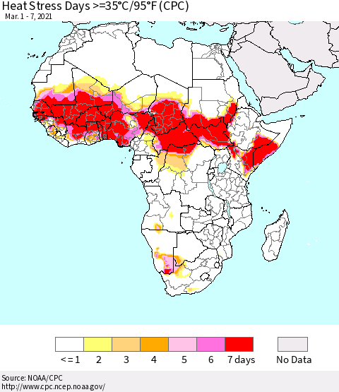 Africa Heat Stress Days >=35°C/95°F (CPC) Thematic Map For 3/1/2021 - 3/7/2021