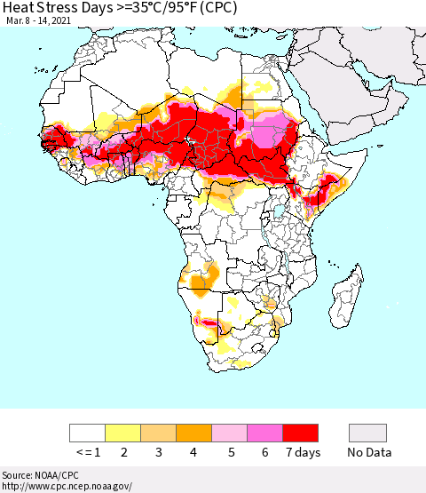 Africa Heat Stress Days >=35°C/95°F (CPC) Thematic Map For 3/8/2021 - 3/14/2021