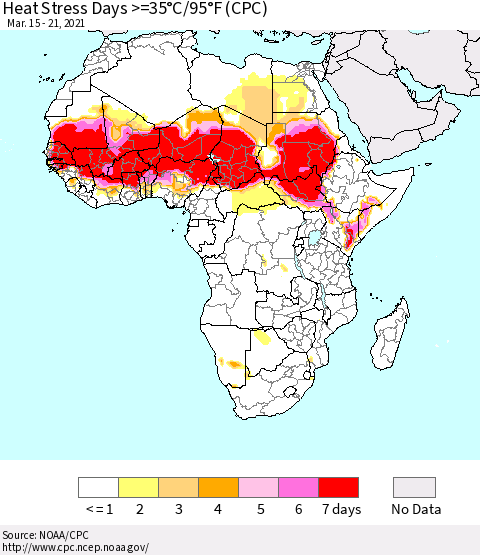 Africa Heat Stress Days >=35°C/95°F (CPC) Thematic Map For 3/15/2021 - 3/21/2021