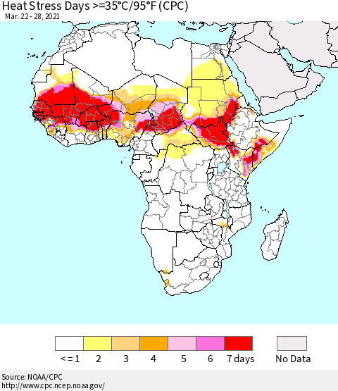 Africa Heat Stress Days >=35°C/95°F (CPC) Thematic Map For 3/22/2021 - 3/28/2021