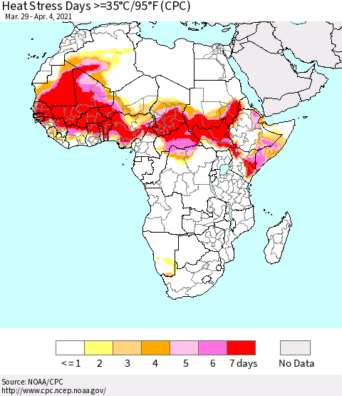 Africa Heat Stress Days >=35°C/95°F (CPC) Thematic Map For 3/29/2021 - 4/4/2021