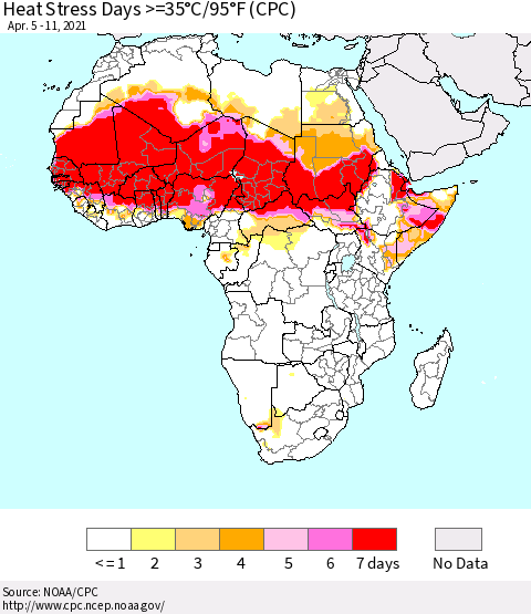 Africa Heat Stress Days >=35°C/95°F (CPC) Thematic Map For 4/5/2021 - 4/11/2021