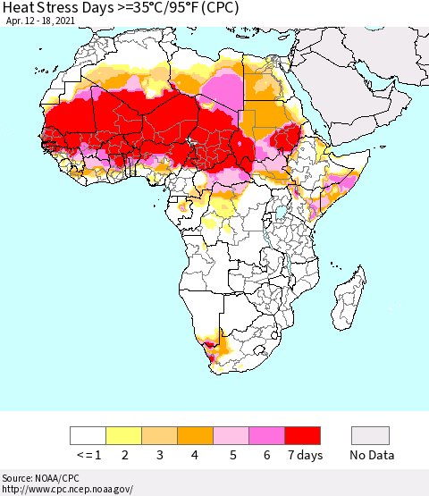 Africa Heat Stress Days >=35°C/95°F (CPC) Thematic Map For 4/12/2021 - 4/18/2021