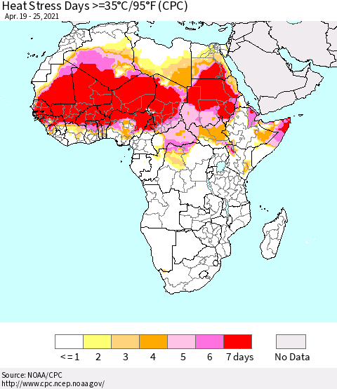 Africa Heat Stress Days >=35°C/95°F (CPC) Thematic Map For 4/19/2021 - 4/25/2021