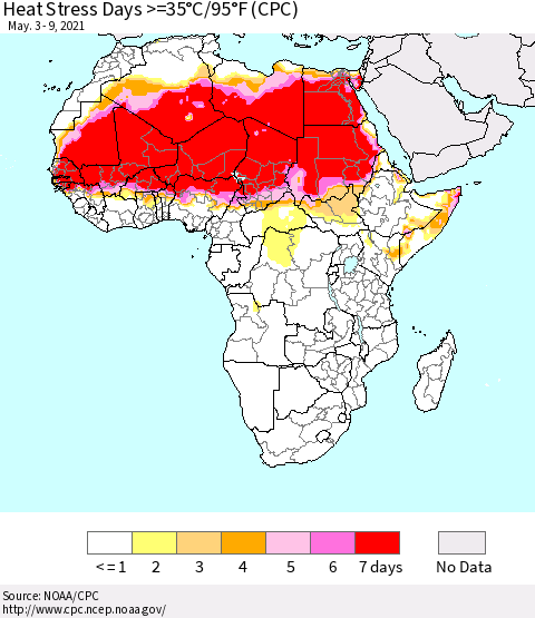 Africa Heat Stress Days >=35°C/95°F (CPC) Thematic Map For 5/3/2021 - 5/9/2021