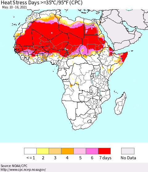 Africa Heat Stress Days >=35°C/95°F (CPC) Thematic Map For 5/10/2021 - 5/16/2021