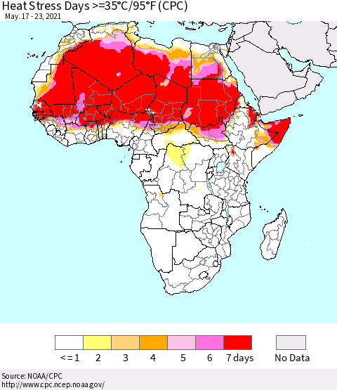Africa Heat Stress Days >=35°C/95°F (CPC) Thematic Map For 5/17/2021 - 5/23/2021