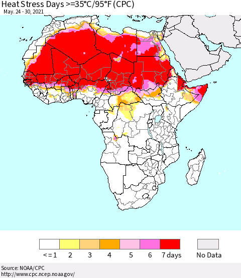 Africa Heat Stress Days >=35°C/95°F (CPC) Thematic Map For 5/24/2021 - 5/30/2021