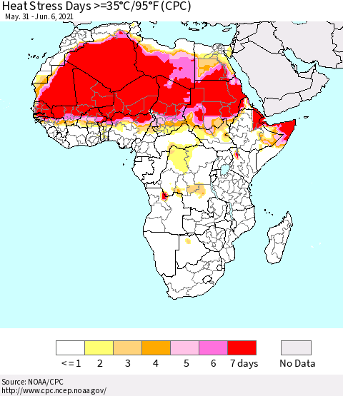 Africa Heat Stress Days >=35°C/95°F (CPC) Thematic Map For 5/31/2021 - 6/6/2021