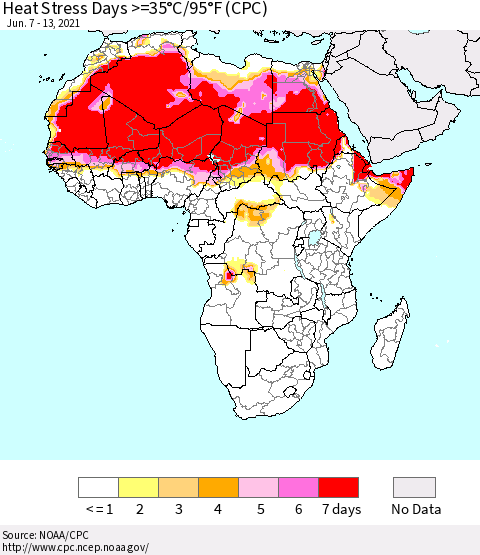 Africa Heat Stress Days >=35°C/95°F (CPC) Thematic Map For 6/7/2021 - 6/13/2021
