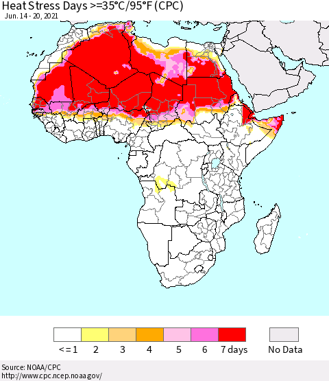 Africa Heat Stress Days >=35°C/95°F (CPC) Thematic Map For 6/14/2021 - 6/20/2021