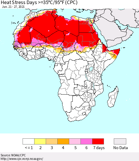 Africa Heat Stress Days >=35°C/95°F (CPC) Thematic Map For 6/21/2021 - 6/27/2021