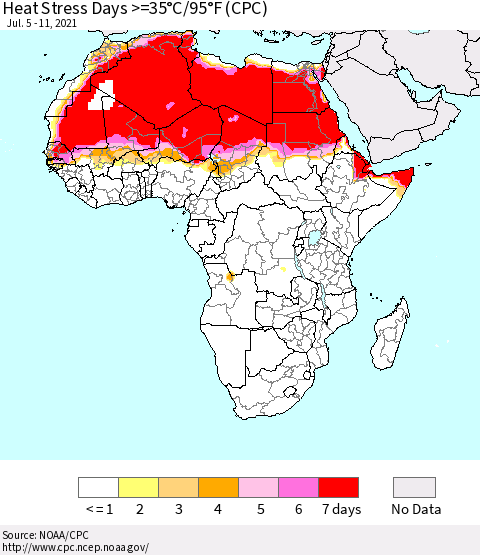 Africa Heat Stress Days >=35°C/95°F (CPC) Thematic Map For 7/5/2021 - 7/11/2021