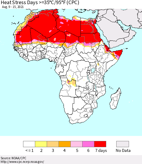 Africa Heat Stress Days >=35°C/95°F (CPC) Thematic Map For 8/9/2021 - 8/15/2021