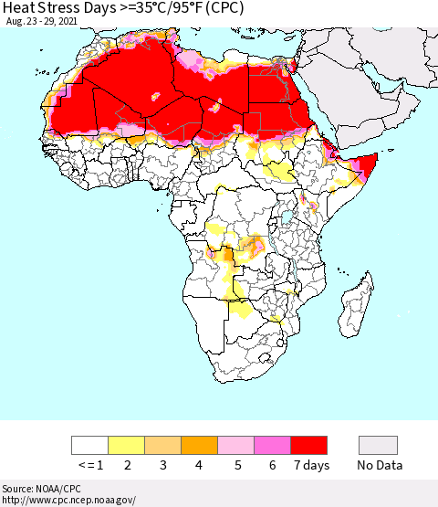 Africa Heat Stress Days >=35°C/95°F (CPC) Thematic Map For 8/23/2021 - 8/29/2021