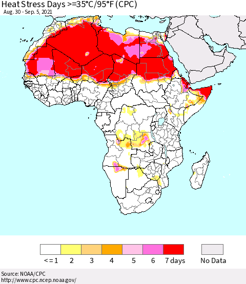 Africa Heat Stress Days >=35°C/95°F (CPC) Thematic Map For 8/30/2021 - 9/5/2021