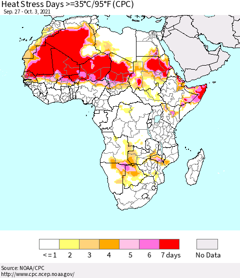 Africa Heat Stress Days >=35°C/95°F (CPC) Thematic Map For 9/27/2021 - 10/3/2021