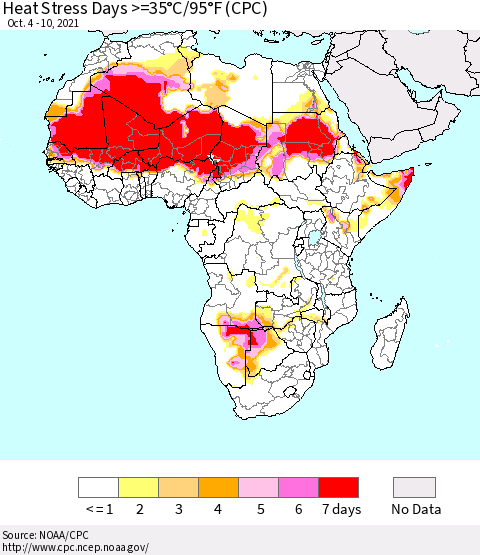 Africa Heat Stress Days >=35°C/95°F (CPC) Thematic Map For 10/4/2021 - 10/10/2021