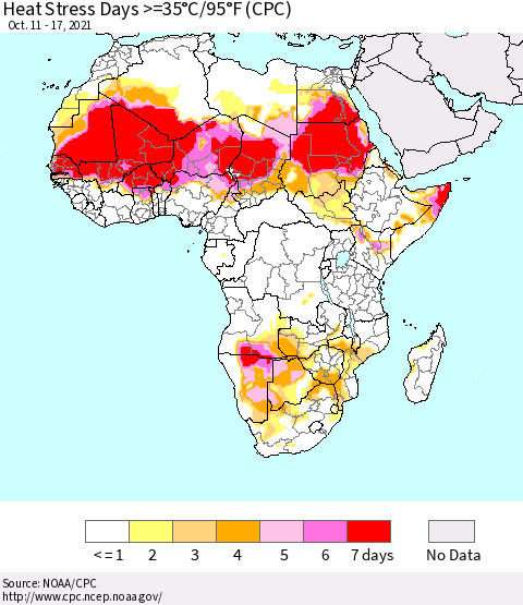 Africa Heat Stress Days >=35°C/95°F (CPC) Thematic Map For 10/11/2021 - 10/17/2021