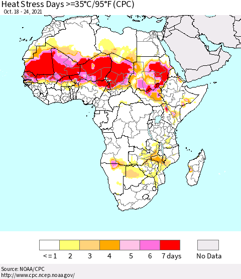 Africa Heat Stress Days >=35°C/95°F (CPC) Thematic Map For 10/18/2021 - 10/24/2021