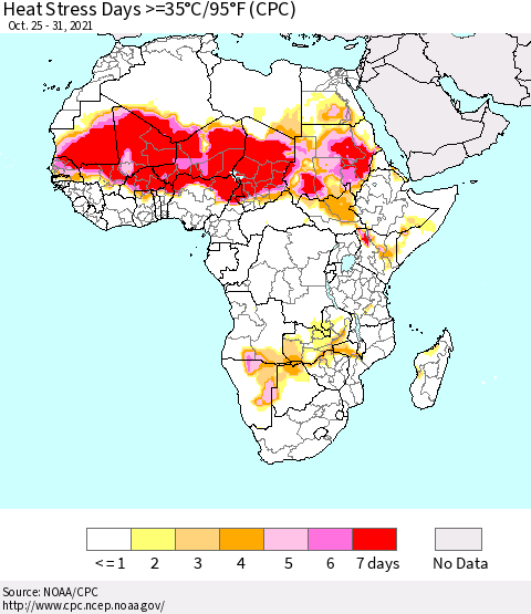 Africa Heat Stress Days >=35°C/95°F (CPC) Thematic Map For 10/25/2021 - 10/31/2021