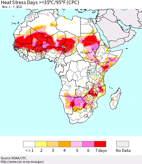 Africa Heat Stress Days >=35°C/95°F (CPC) Thematic Map For 11/1/2021 - 11/7/2021