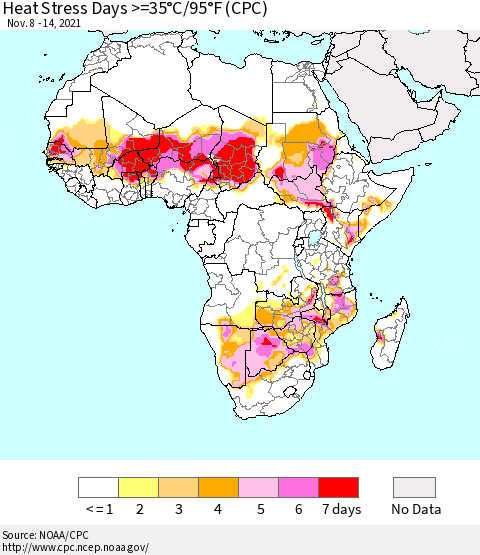 Africa Heat Stress Days >=35°C/95°F (CPC) Thematic Map For 11/8/2021 - 11/14/2021