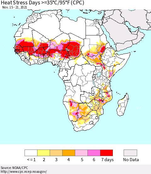 Africa Heat Stress Days >=35°C/95°F (CPC) Thematic Map For 11/15/2021 - 11/21/2021