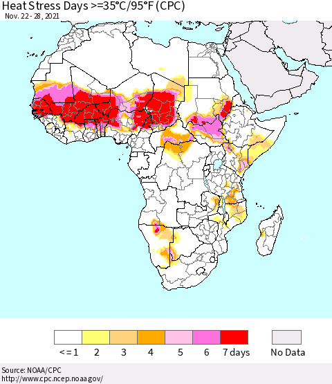 Africa Heat Stress Days >=35°C/95°F (CPC) Thematic Map For 11/22/2021 - 11/28/2021