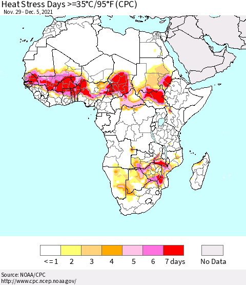 Africa Heat Stress Days >=35°C/95°F (CPC) Thematic Map For 11/29/2021 - 12/5/2021