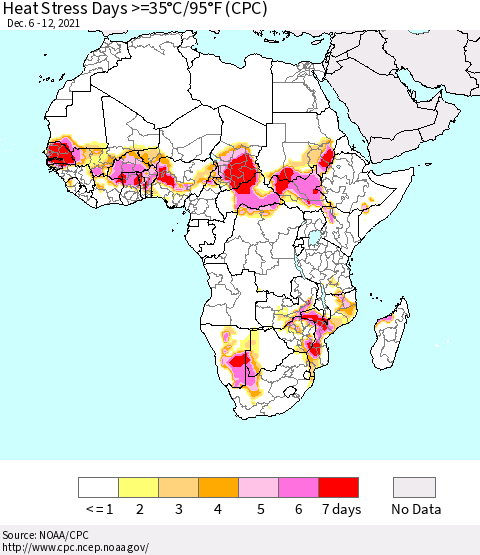 Africa Heat Stress Days >=35°C/95°F (CPC) Thematic Map For 12/6/2021 - 12/12/2021