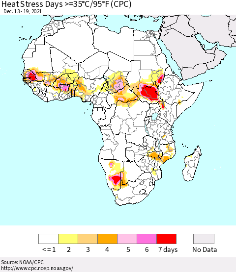 Africa Heat Stress Days >=35°C/95°F (CPC) Thematic Map For 12/13/2021 - 12/19/2021