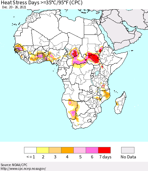 Africa Heat Stress Days >=35°C/95°F (CPC) Thematic Map For 12/20/2021 - 12/26/2021