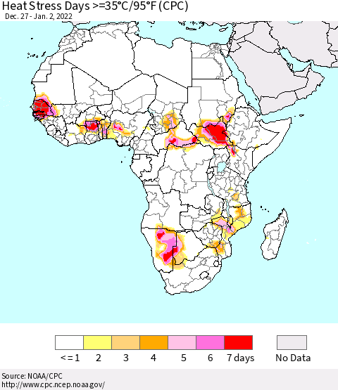 Africa Heat Stress Days >=35°C/95°F (CPC) Thematic Map For 12/27/2021 - 1/2/2022